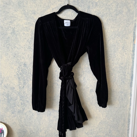 Misa Los Angeles | Black Velvet Wrap dress with braided tie side - Picture 4 of 5